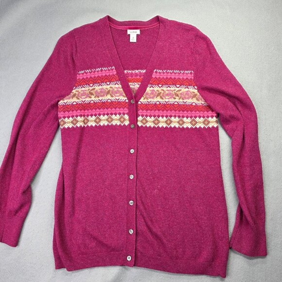 LL Bean Sweater Womens M Red Pink Fair Isle Floral Cardigan Button Front Preppy - Picture 2 of 9